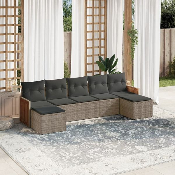 vidaXL 7-teilig Garten-Sofagarnitur mit Kissen Grau Poly Rattan, 3227915