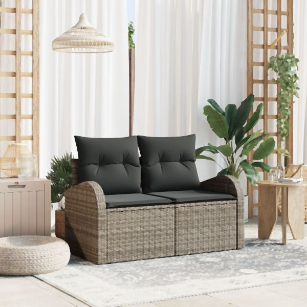 vidaXL Zweisitzer Garten Sofa mit Kissen Grau Poly-Rattan, 42006734