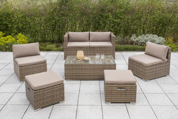 Merxx Vigo Set, 1 Bank, zweisitzig, 2 Sessel, inkl. Sitz-und Rückenkissen, 2 Hocker, inkl. Sitzkissen, 1 Tisch, 110 x 60 cm, natur, 28620-266