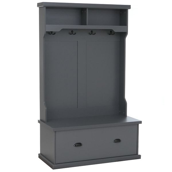 Mendler Garderobe HWC-P27, Flurgarderobe Holzgarderobe Sitzbank, 4 Haken Staufach Ablage Melamin 163x100x47cm, dunkelgrau, 118676+118677