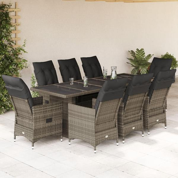 vidaXL 9-tlg. Garten-Bistro-Set mit Kissen Grau Poly Rattan, UV-beständig, 3277240