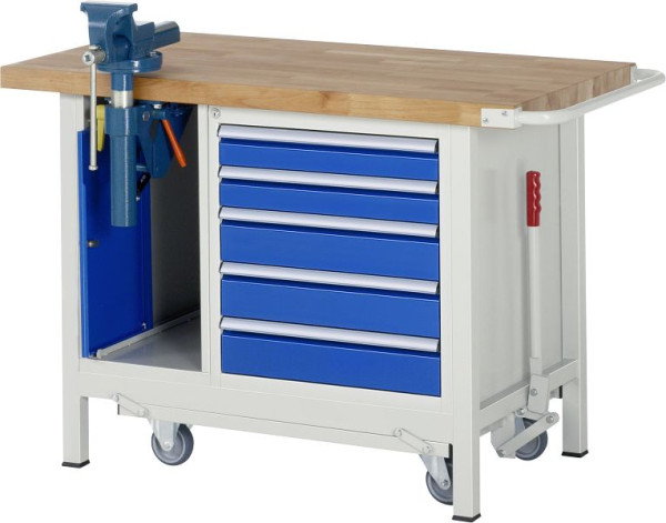 RAU Absenkbare Werkbank 8000 - Modell 8187, B1250 x T700 x H880 mm, mit Schraubstockschrank, 15-8187A2-127B4F.11