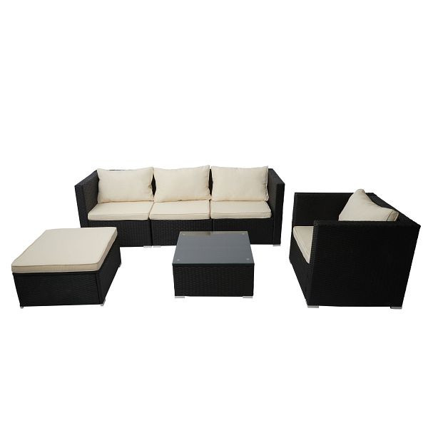 Mendler Poly-Rattan-Garnitur Brescia, Gartengarnitur Sitzgruppe Sofa Lounge-Set, schwarz, Kissen creme, 76297+76298+76299
