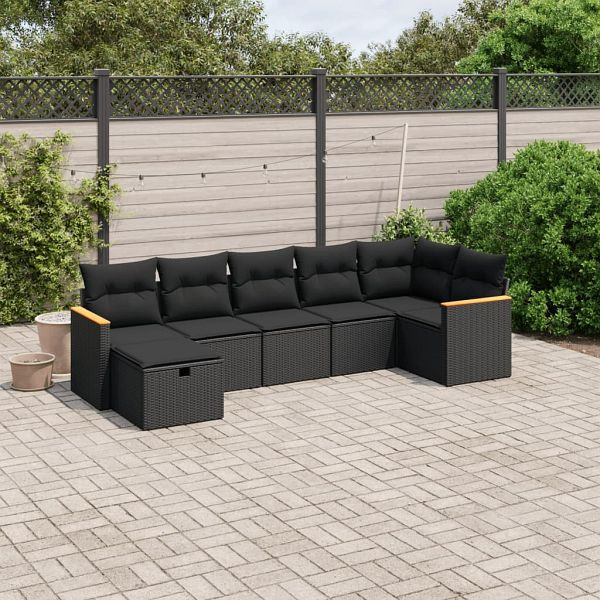 vidaXL 7-teilig Garten-Sofagarnitur mit Kissen Schwarz Poly Rattan, 3265311