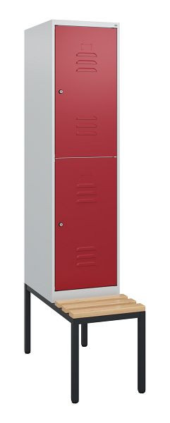 C+P Doppelstöckiger Spind Classic PLUS, 1950x400x815mm, 7035/3003, Zylinderschlösser, Sitzleisten aus Buche, mit untergebauter Sitzbank, 0803505-12 S10031