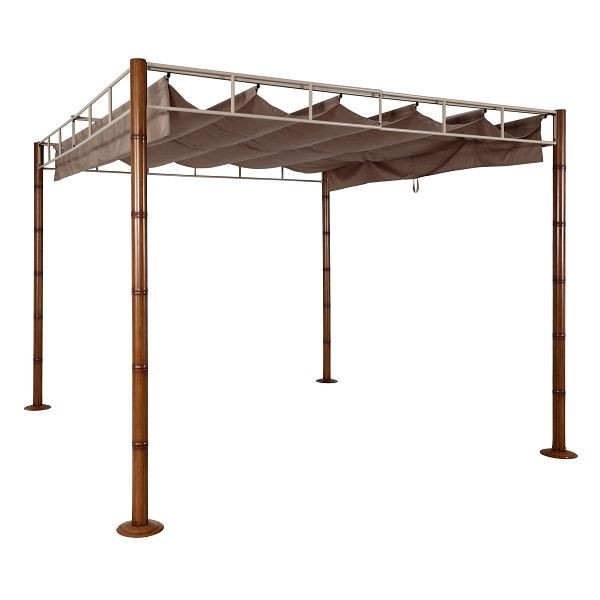 Mendler Pergola HWC-L42, Garten Pavillon Terrassenüberdachung, stabiles 7cm-Metall-Gestell 3x3m Bambus-Optik, taupe-braun, 98766