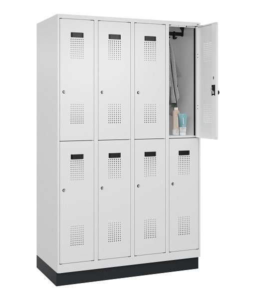C+P Doppelstöckiger Spind Evolo PLUS, mit Sockel, 8 Fächer, 1950x1200x500mm, 901, Frontfarbe RAL 9016 Verkehrsweiß, Zylinderschloss, 049320-40 S10047