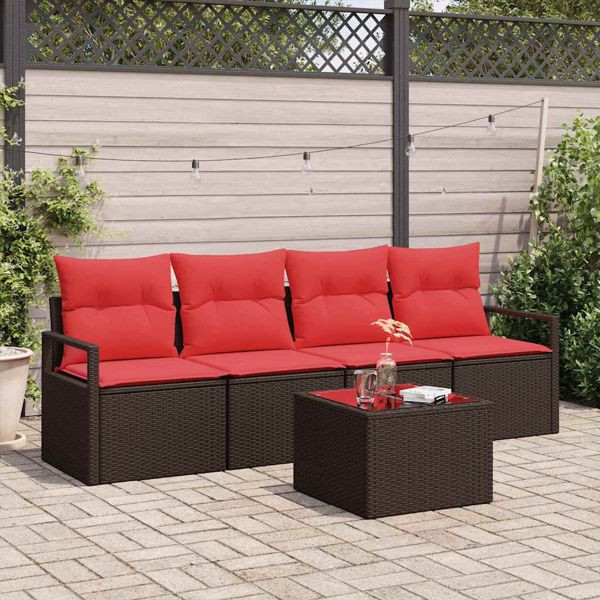vidaXL Sofa Set 5-teilig Braun und Rot Poly-Rattan, 3346254