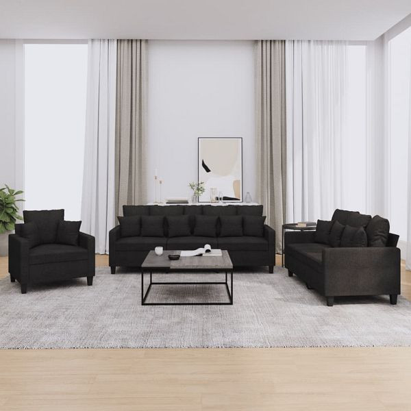 vidaXL 3-teilig Sofagarnitur mit Kissen Schwarz Stoff, 3201636