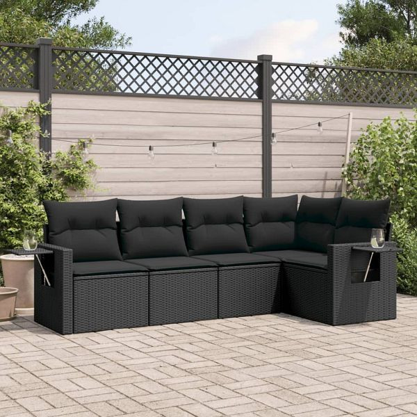 vidaXL 5-teilig Garten-Sofagarnitur mit Kissen Schwarz Poly Rattan, 3220124