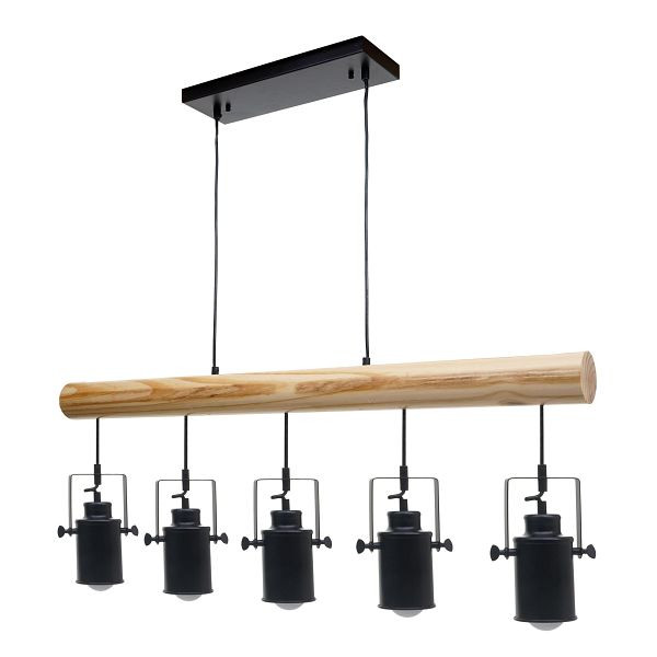 Mendler Pendelleuchte HWC-H83, Hängelampe Hängeleuchte, Industrial Vintage Massiv-Holz Metall schwarz, 5 Spotlampenschirme, 74214