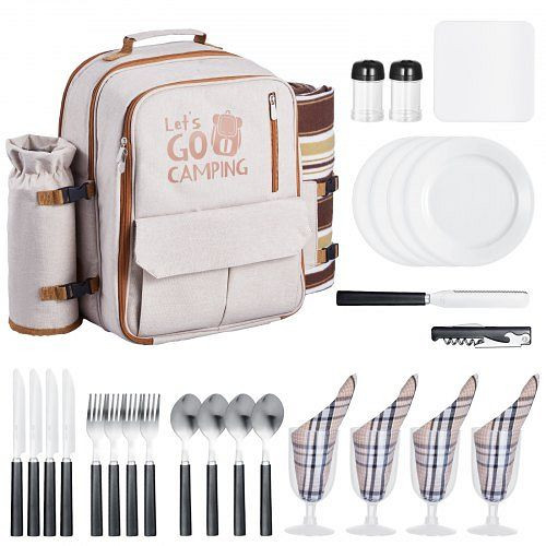 VEVOR Picknickrucksack (20 L) für 4 Personen, Isolierfach, Flaschenhalter, Decke, Teller & Besteck, Beige, DCKYCBBSRHS0CKXTM001V0