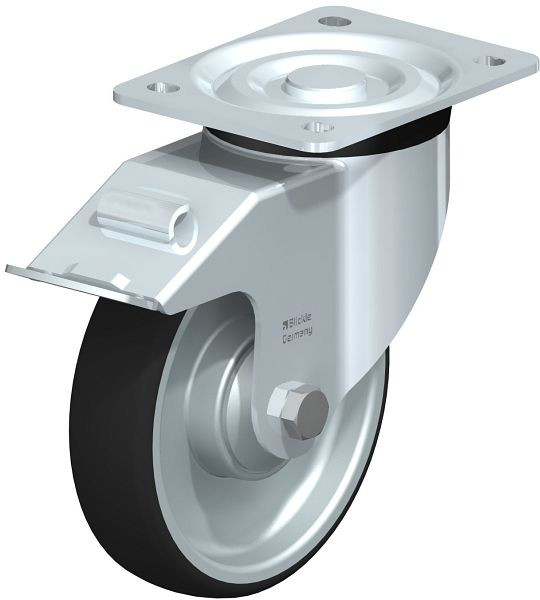 Blickle L-PATH 160K-FI Stahlblech-Lenkrolle, mittelschwere Ausführung, mit Anschraubplatte & Feststeller, Thermoplastisches Polyurethan, Grau, 847021
