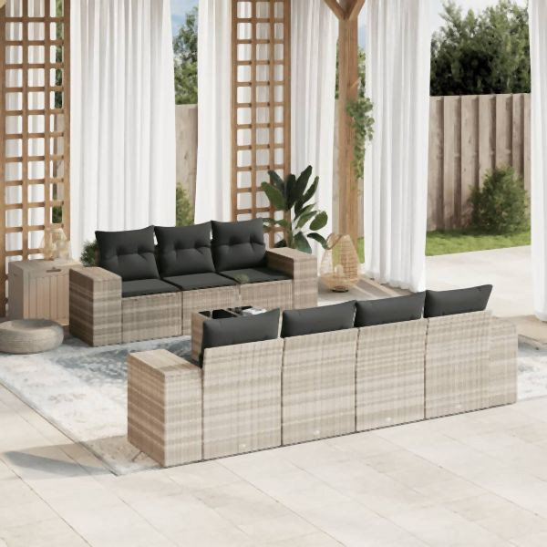 vidaXL 8-tlg. Garten-Sofagarnitur mit Kissen Hellgrau Poly Rattan, 3254669