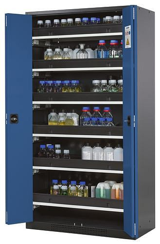 asecos Chemikalienschrank Systema-T CS-106F, Korpus anthrazit, Falttüren blau, 6 Tablarauszüge, 209104