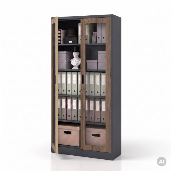 Jan Nowak Metallschrank mit Vitrine, Anthrazit, Nussbaum, 900x1850x400 mm, AMELIA Eco Design, 2291