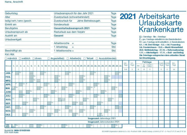 Eichner EDV-URLAUBSKARTE für 2001, Endformat DIN A5, VE: 100 Stück, 9606-00574