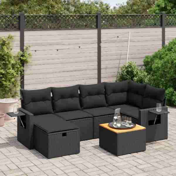 vidaXL 7-tlg. Garten-Sofagarnitur mit Kissen Schwarz Poly Rattan, UV-beständig, 3264947