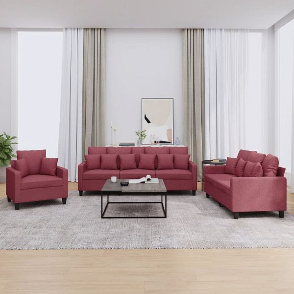 vidaXL 3-tlg. Sofagarnitur mit Kissen Weinrot Stoff, 3201638