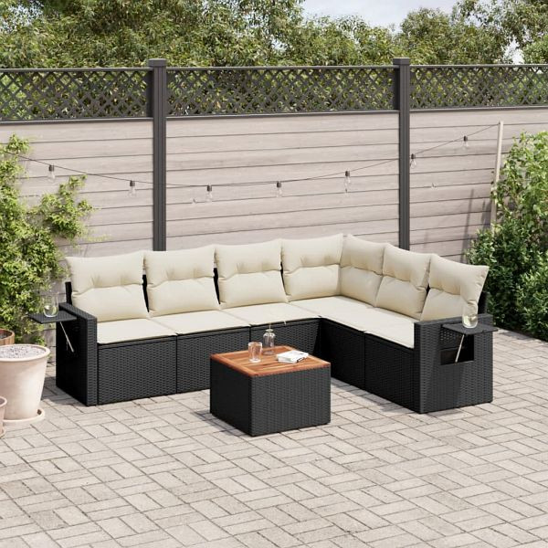 vidaXL 7-tlg. Garten-Sofagarnitur mit Kissen Schwarz Poly Rattan, 3256910