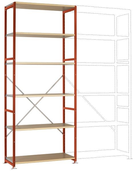 Manuflex Mittelschweres Fachboden-Steckregal Grundregal mit 6 Holzverbundböden, HxBxT = 2500 x 1030 x 500 mm, rotorange, RP1307.2001