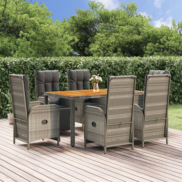 vidaXL 7-teilig Garten-Essgruppe mit Kissen Grau Poly Rattan, 3185047