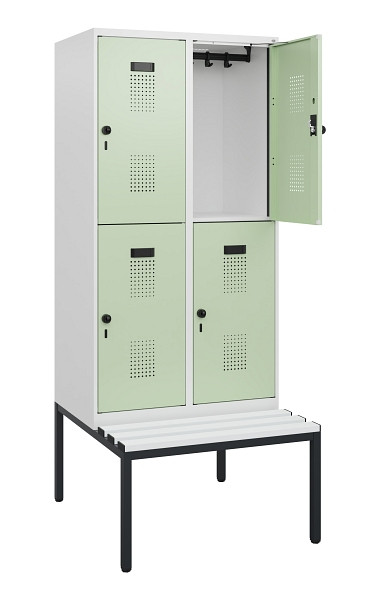 C+P Doppelstöckiger Spind Evolo PLUS, Bank, 4 Fächer, 1950x800x815mm, 9016/6019, Drehriegel, Sitzfläche Kunststoff, Sitzbank, 0493505-22 S10118