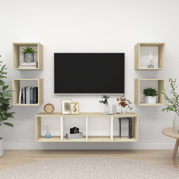 vidaXL 5-teilig TV-Schrank-Set Weiß Sonoma-Eiche Holzwerkstoff, 3079624