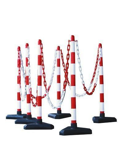 DENIOS Kettenständer-Set, 6 Stück, 870mm, 10m Kette, rot/weiß, dreieckiger Kunstofffuß, betongefüllt, 180245