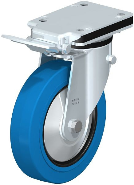 Blickle LK-POEV 200K-IS-SB-FA Stahlblech-Lenkrolle, mittelschwere Ausführung, mit Anschraubplatte & Feststeller, Elastik-Vollgummi, Blau, 750384