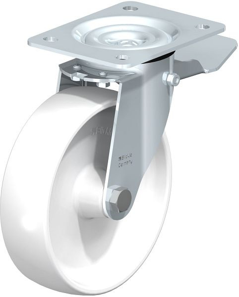 Blickle LE-PO 175G-ST Stahlblech-Lenkrolle mit Anschraubplatte & Feststeller, Polyamid, Weiß, 335489