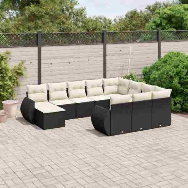 vidaXL 11-tlg. Garten-Sofagarnitur mit Kissen Schwarz Poly Rattan, UV-beständig, 3257519