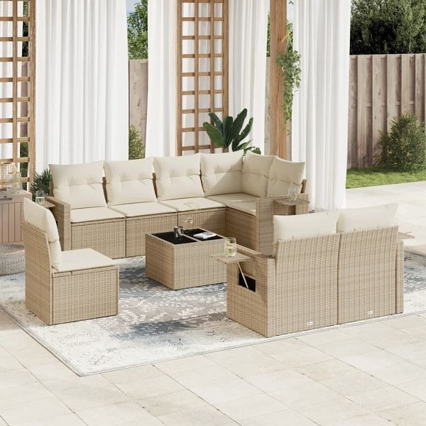 vidaXL 9-teilig Garten-Sofagarnitur mit Kissen Beige Poly Rattan, 3252785