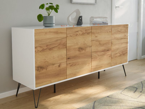 Posseik Sideboard Industrial H 155cm stehend 4 Türen Weiß/Eiche Front, PN2085X0000034DE