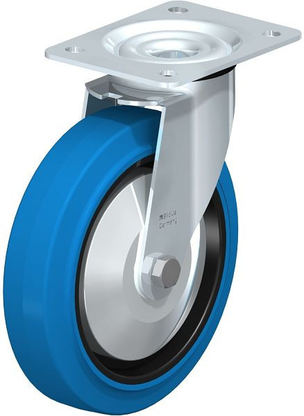 Blickle LE-POEV 200KD-SB-FA Stahlblech-Lenkrolle mit Anschraubplatte, Elastik-Vollgummi, Blau, 749647