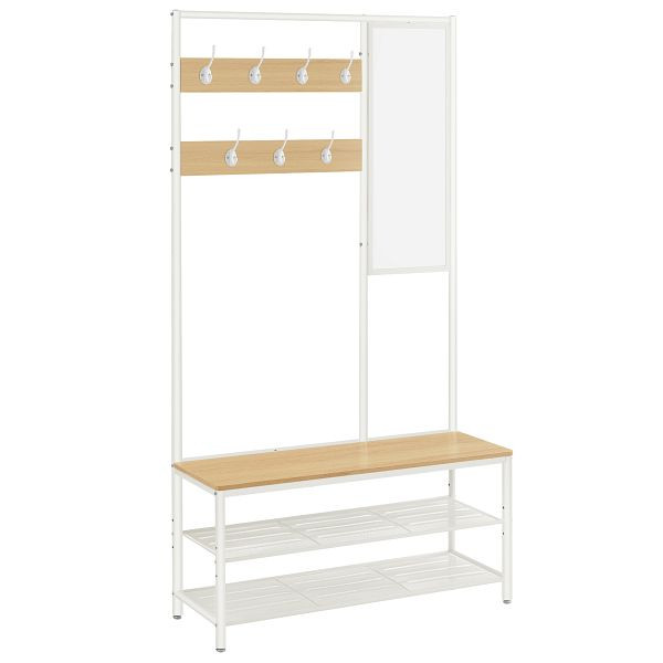 VASAGLE Garderobenständer mit Schuhaufbewahrung, mit Spiegel, Haken, Bank, Schuhregalen, 35 x 98 x 180 cm, moderner Stil, Eichenfarbe und weiße, HSR415W09