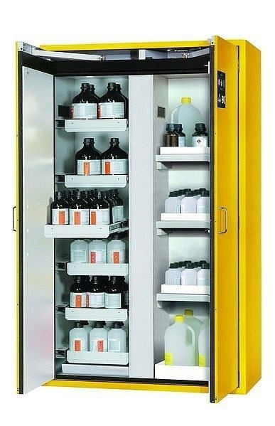 asecos Sicherheitsschrank S-CLASSIC-90, S90.196.120.MV.WDAS in sicherheitsgelb RAL 1004 mit 6x Auszugswanne Standard (Stahlblech), 30348-002-30351