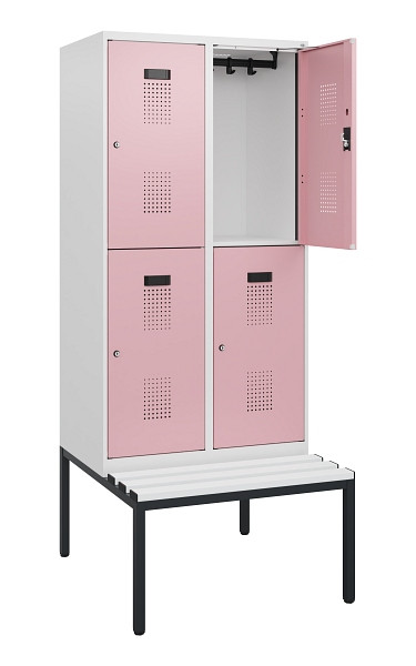 C+P Doppelstöckiger Spind Evolo PLUS, Bank, 4 Fächer, 1950x800x815mm, 9016/3015, Zylinderschloss, Sitzfläche Kunststoff, Sitzbank, 0493505-22 S10153