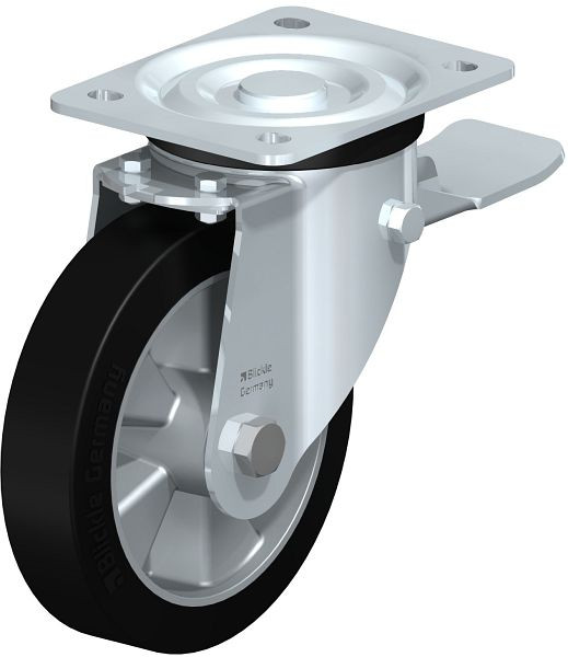 Blickle L-ALEV 161K-ST Stahlblech-Lenkrolle, mittelschwere Ausführung, mit Anschraubplatte & Feststeller, Elastik-Vollgummi, Schwarz, 646414