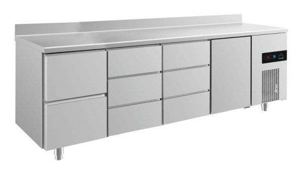 A&S Polarny Kühltisch -2 bis +8°C mit Tür rechts, zwei Schubladen links und 2x drei Schubladen, 2330 x 700 x 850 mm, mit Aufkantung, KT4ZDDTA