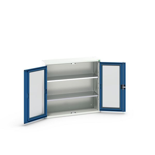 bott verso Flügeltürschrank mit Sichtfenster, mit 2 Fachböden, BxTxH: 1050 x 350 x 1000 mm, Lichtgrau / Enzianblau, 16926272.11