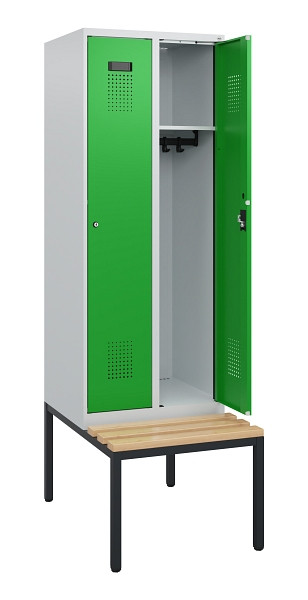 C+P Spind Evolo PLUS, 2 Abteile, 1950x600x815mm, 7035/6037, Zylinderschloss, Sitzfläche Holz, Sitzbank, 0490505-20 S10038