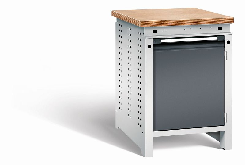 Otto Kind Werkbank Serie function Typ 104, Multiplexplatte 40 mm, bündig, 1Tür 570 mm, 1 Ablageboden, Gehäuse RAL 7035, Front RAL 7016, 072321149
