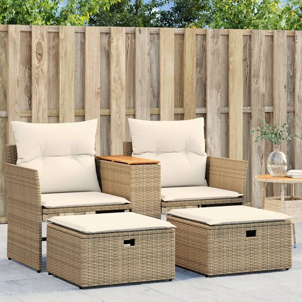vidaXL Gartensofa 2-Sitzer mit Hockern Beige Poly Rattan, 365805