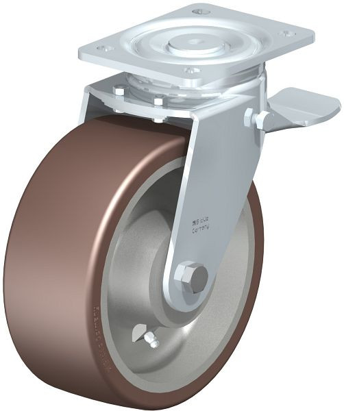 Blickle LH-GB 202K-ST Stahlblech-Lenkrolle, Schwerlast-Ausführung, mit Anschraubplatte & Feststeller, Blickle Besthane®, Braun, 749975