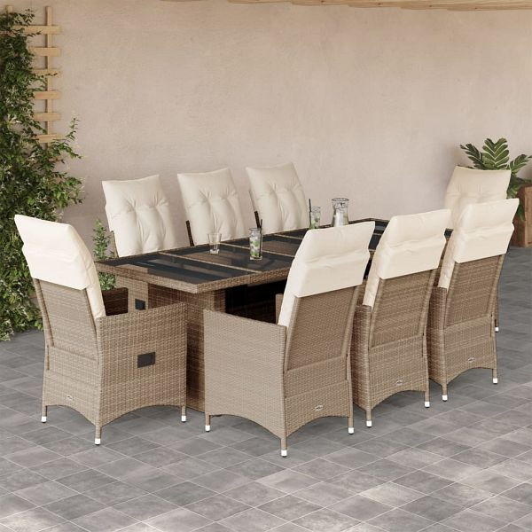 vidaXL 9-tlg. Garten-Bistro-Set mit Kissen Beige Poly Rattan, 3277246