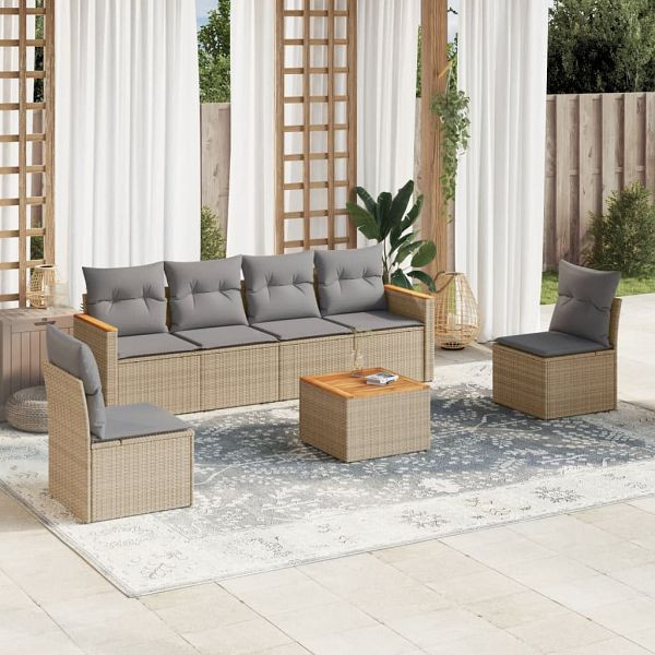 vidaXL 7-teilig Garten-Sofagarnitur mit Kissen Beige Poly Rattan, 3225870