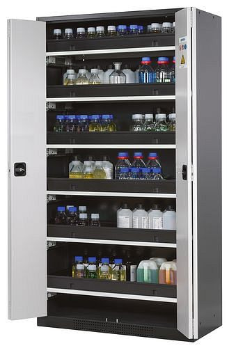 asecos Chemikalienschrank Systema-T CS-106F, Korpus anthrazit, Falttüren grau, 6 Tablarauszüge, 209102