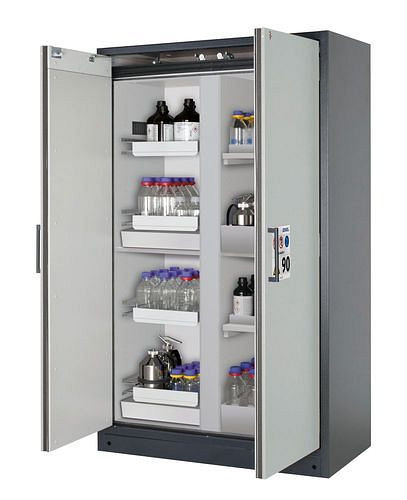 asecos Feuerbeständiger Gefahrstoffschrank Select, Mittelwand, mit Auszugs- und Bodenwannen, grau, 266864