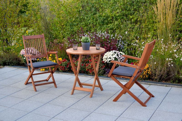 Merxx Rio Set 5-teilig, 2 Rio Klappsessel, 2 Sitzauflagen, grau, 1 Tisch, Ø 65 cm, FSC Eukalyptusholz, 50084-800